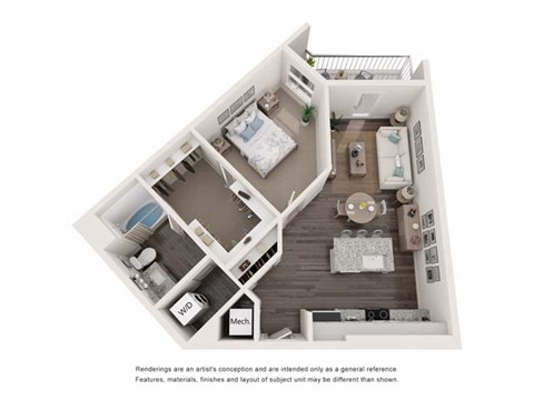 Floor plan for 1 bed, 1 bath, 762 sqft